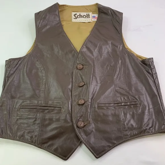 Vintage Schott NYC Sportswear Mens Brown Lined Leather Vest Size 40