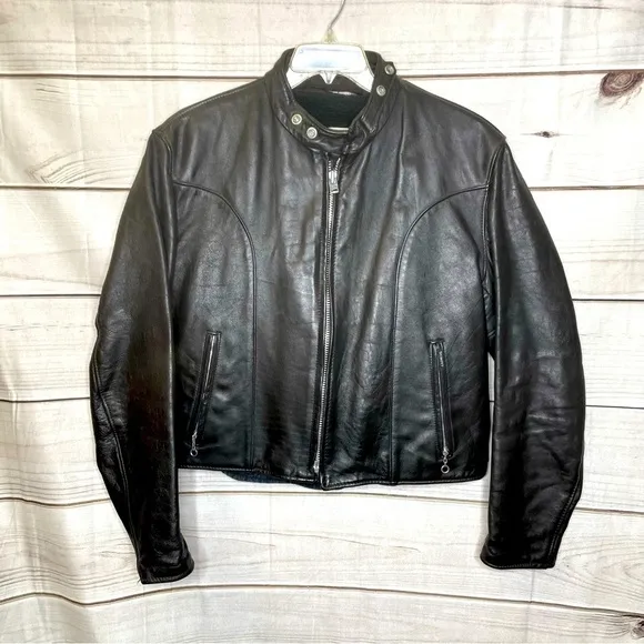 Schott Mens Leather Biker Jacket Size 48 Black  Lined Cafe Racer Motorcycle VTG