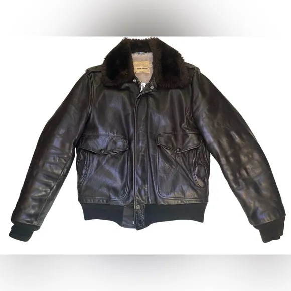 Schott Bros Size 36 Brown Leather Sherpa Lined Bomber Jacket With Fur Collar 674