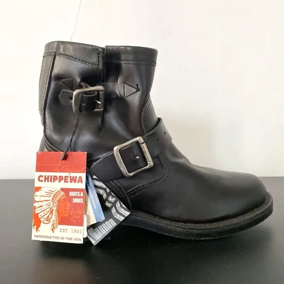 > CHIPPEWA < Womens Black Leather Motorcycle Engineer Boots NWT *Sz. 6.5*
          
      NWT