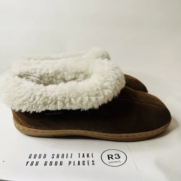 Red Wing Suede Shearling Lined Moccasin Slippers Womens Sz 8 Brown