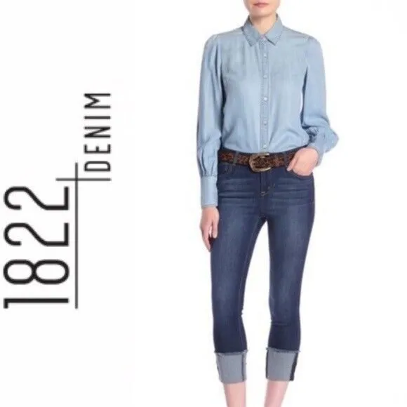 1822 Denim Taylor Cuff Crop Jeans Womens 6 Blue Dark Wash Stretch Denim