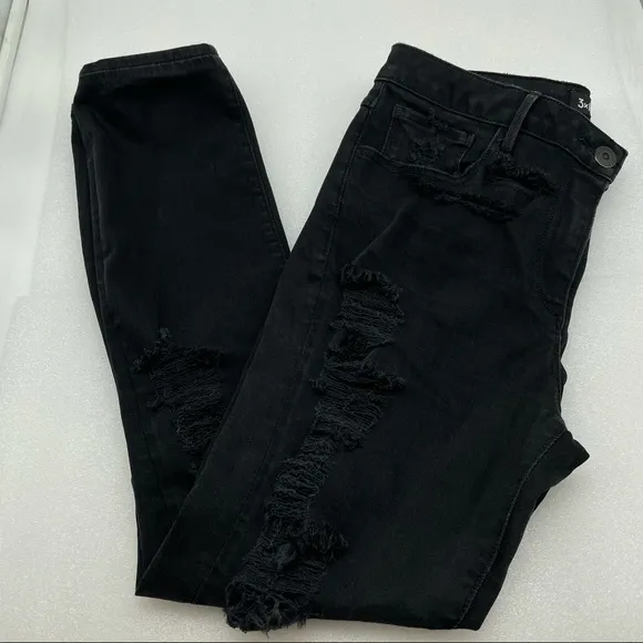30 3x1 W2 Crop Skinny Denim Jeans Destroyed Distressed Washed Black