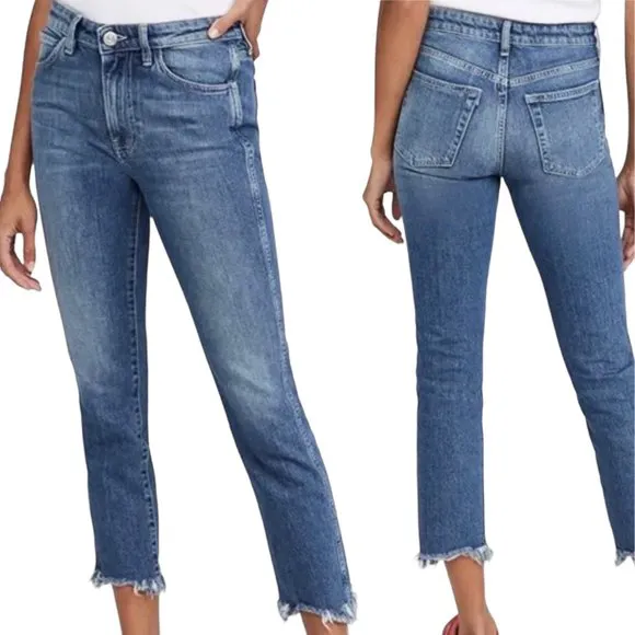 3X1 NYC W3 Authentic Straight Crop Ankle Jeans In ACE Med Wash Frayed Hem Sz 28