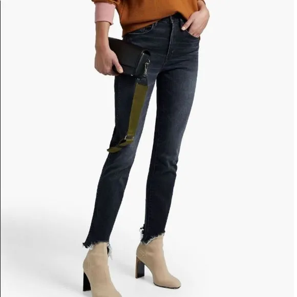 3x1 Elise cropped black washed distressed high rise straight leg jeans size 28