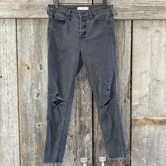 Abercrombie & Fitch Button Fly Skinny Distressed High Rise Gray Black Jeans Sz 8