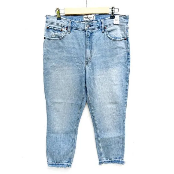 NWT Abercrombie & Fitch Light Wash High RIse Frayed Fringe Hem Mom Jeans
          
      NWT