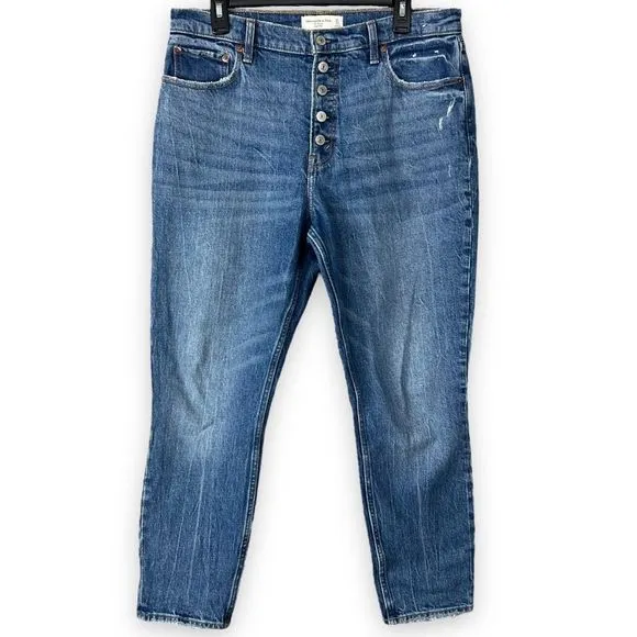 A&F The Skinny High Rise Button Fly Jeans 31 12R Women’s Dark Wash Distressed