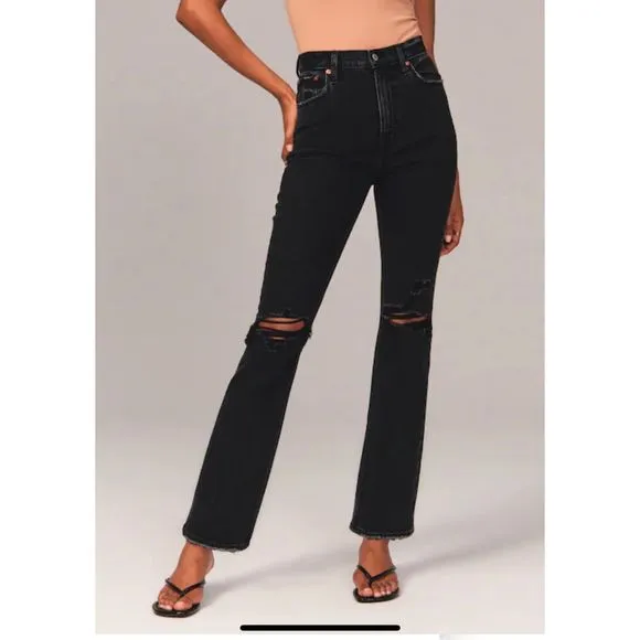 A&F Ankle Straight Ultra High Rise Ripped Black Size 0