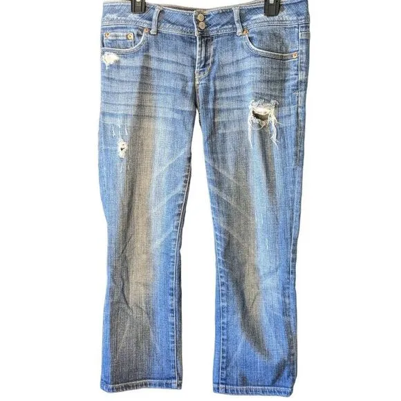 Aeropostale Women's Cropped Jeans Distressed Stretch Blue Wash Sz 9/10, T0041