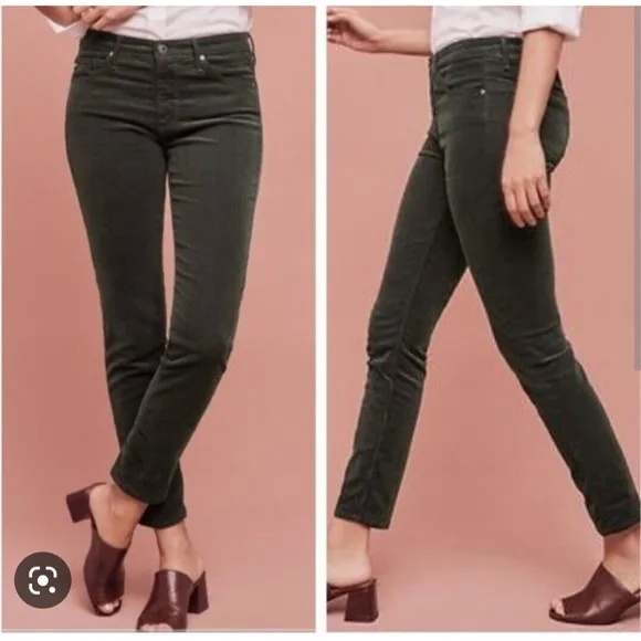 AG Adriano Goldshmied Dark Green Corduroy The Stevie Slim Straight Leg Women 31