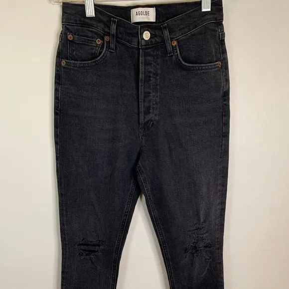 AGOLDE | Black Wash Nico High Rise Slim Faux Zipper Distressed Jean Size 25
