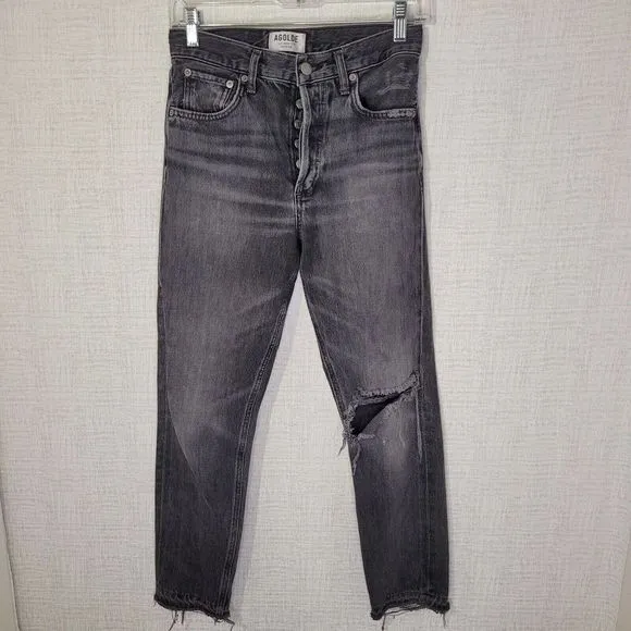 AGOLDE Jamie High Rise Jeans Classic 24 Black Button Fly Distressed Cropped