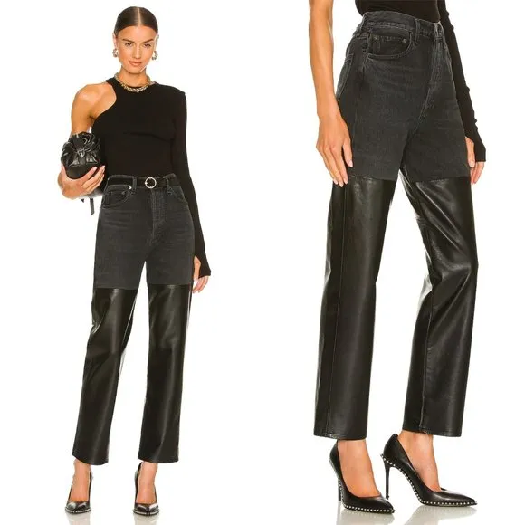 NWT AGOLDE Pieced 90's Pinch Waist Black Jean in Howl & Detox Recycled Leather
          
      NWT