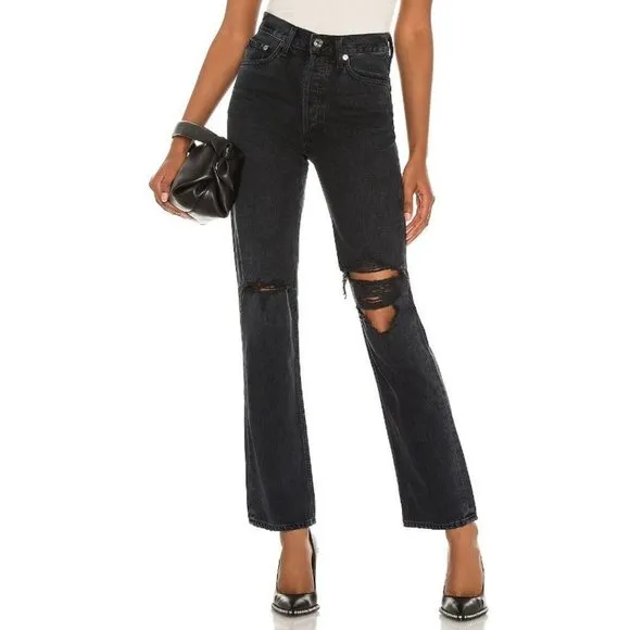 Agolde Lana Straight Jean Black Size 27 Button Fly Distressed Denim High Waisted