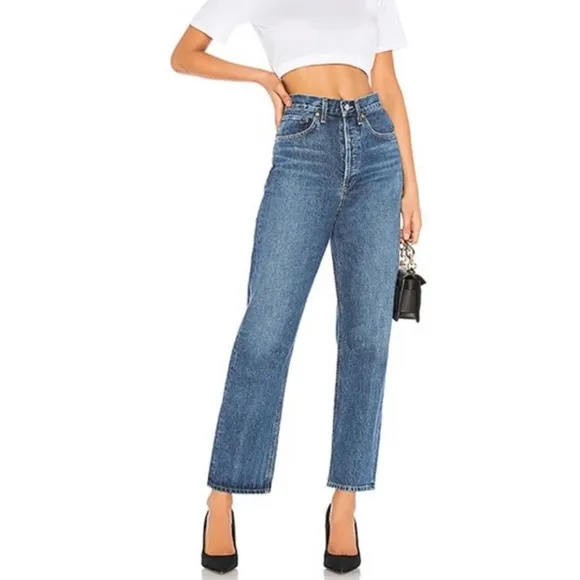 Agolde 90s High Waist Loose Fit Straight Leg Jeans Medium Blue Wash Size 27