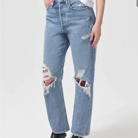 Agolde 90's Mid Rise Loose Fit Jeans Size 29 Distressed Rigid Denim Button Fly