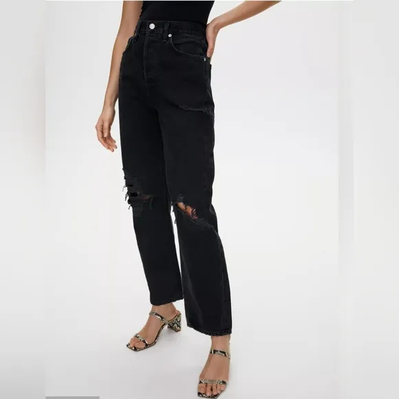 Agolde 90's Black Jean Women's size 24 Button Fly Distressed High Rise Denim