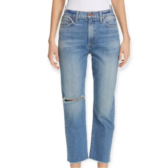 Alice + Olivia Amazing Double Waist Girlfriend Jeans In Try Me size 30 raw hem.