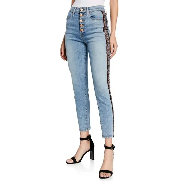 Alice + Olivia Good High-Rise Skinny Jeans w/ Embroidery Stripe Exposed Buttons