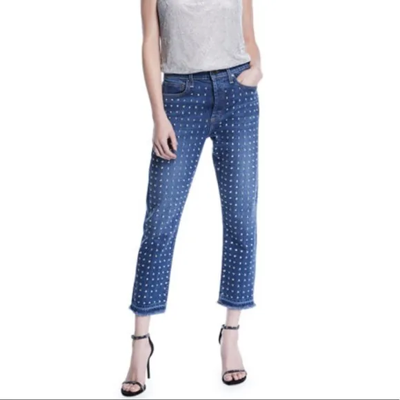 AO.LA Alice+Olivia Amazing HighRise Studded Girlfriend Jean in Homebound Size 27
          
      NWT