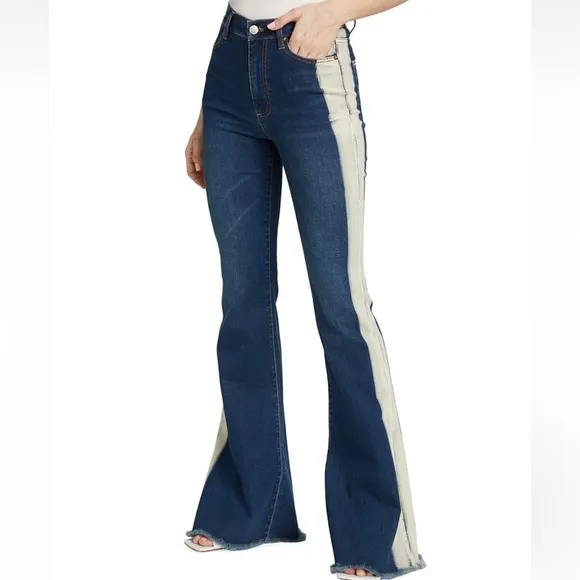 Alice + Olivia Beautiful High Rise Bell Flare Jeans In Indigo Stripe