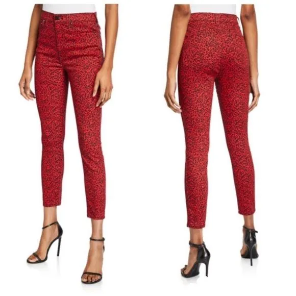 ALICE + OLIVIA JEANS "Good" High-Rise Ankle Jeans Mini Leopard Ruby Red 29