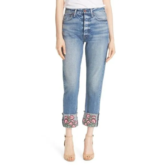 AO. LA Alice + Olivia Women's Amazing High Rise Jeans Cuffed Embroidered 28