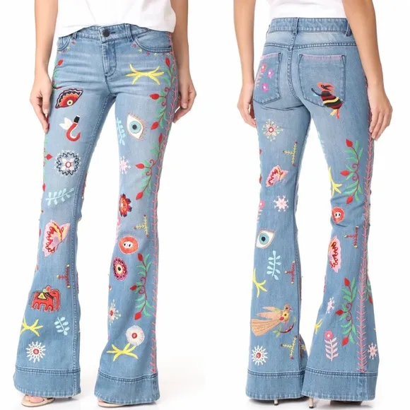 Alice & Olivia Ryley Embroidered Low Rise Bell Flare Jeans