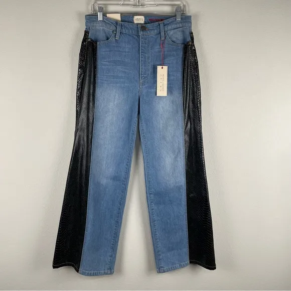 NEW Alice + Olivia Faux Leather Panel Combo Wide Leg Jeans Size 31
          
      NWT