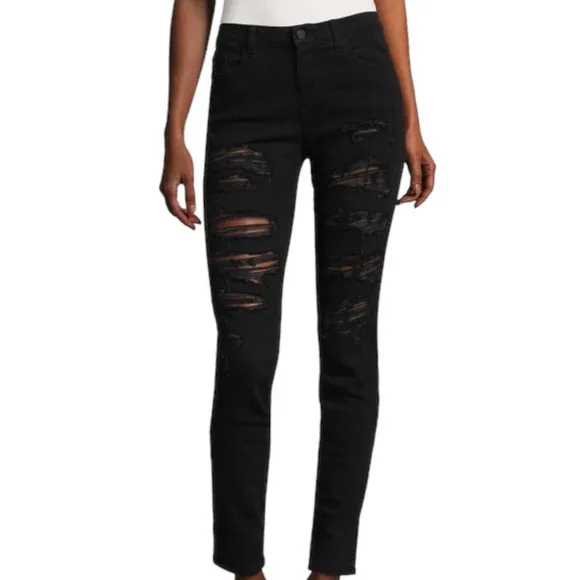 Alice + Olivia - Washed Black Mid Rise Distressed Straight Leg Ankle Crop Jeans