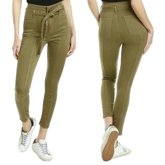Alice + Olivia Good High-Rise Skinny w/ Waistband Detail in Olive Jeans Size 24