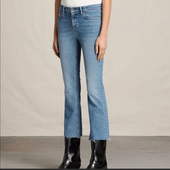 All Saints Zoe Mid Rise Cropped Flare Bootcut Raw Hem Paint Splatter Jeans Sz 28
