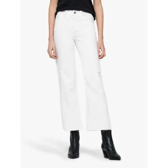 AllSaints Helle Distressed Cropped High Rise Bootcut Button Fly Jeans In White