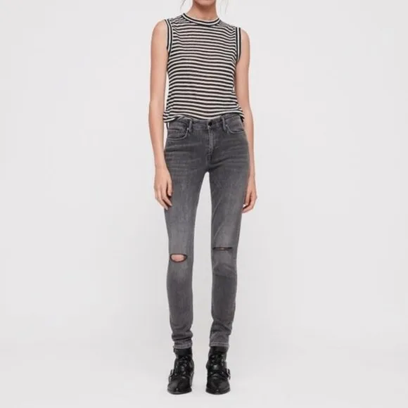All Saints Grace Gray Slashed Mid Rise Jeans Size 26