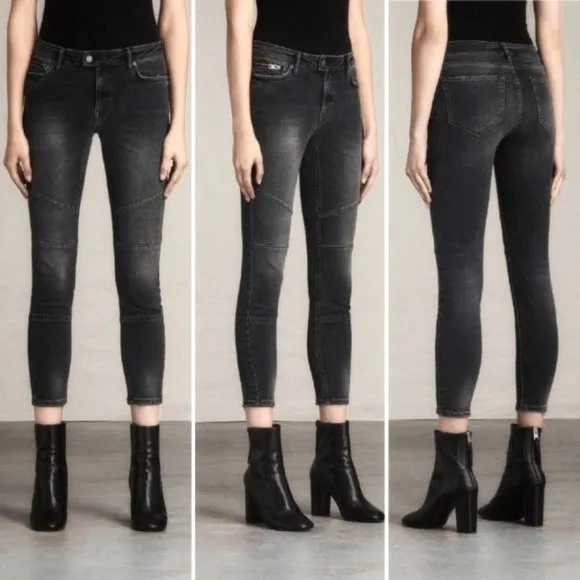 ALL SAINTS Biker Cropped Jeans in Washed Black Skinny Stretch Moto Zip Sz 25