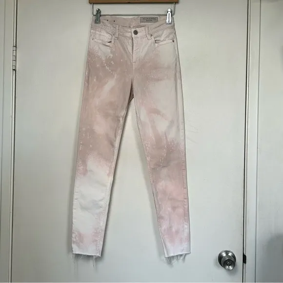 All Saints Grace Tie Dye (White, Pale Pink, Tan) Raw Hem Skinny Jeans- Size 28
