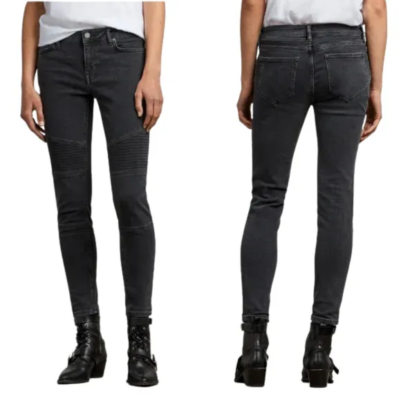 All Saints Womens Biker Cropped Jeans Size 30 Black Moto Low Rise Ankle Skinny