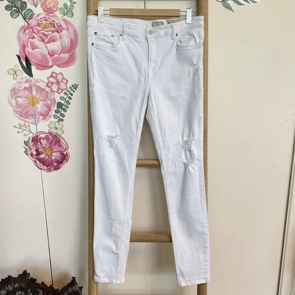All Saints Distressed White Mast Mid Rise Skinny Fit Jeans 32