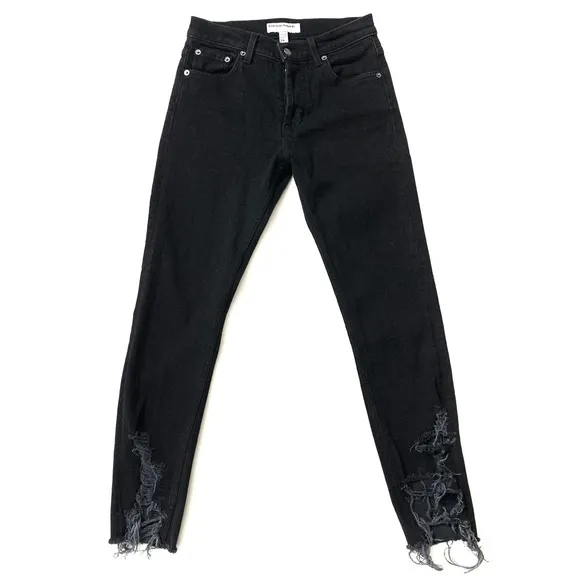 American Apparel Distressed High Rise Chewed Hem Skinny Jeans Button Fly