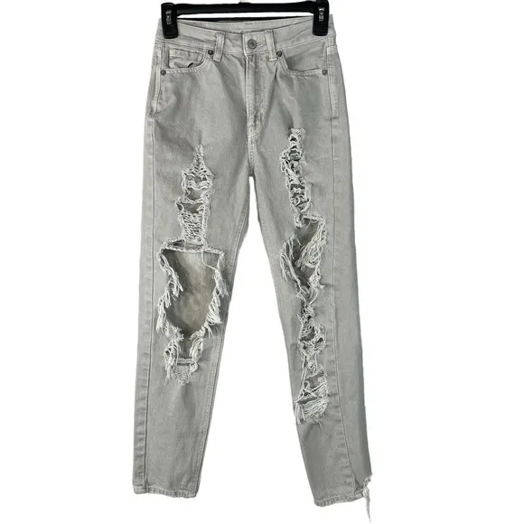 American Eagle SZ 00 Mom Straight Jeans Mid-Rise Distressed Rips Pockets Gray