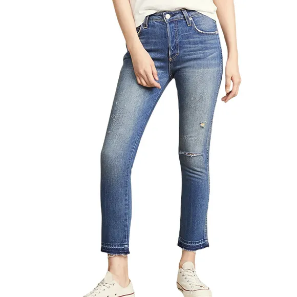AMO Denim Babe Straight Jeans Womens 24 High Rise Released Hem Distressed Ankle