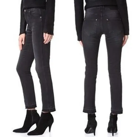 Anine Bing High Rise Raw Hem Charcoal Straight Leg Black Button Fly Distress 26