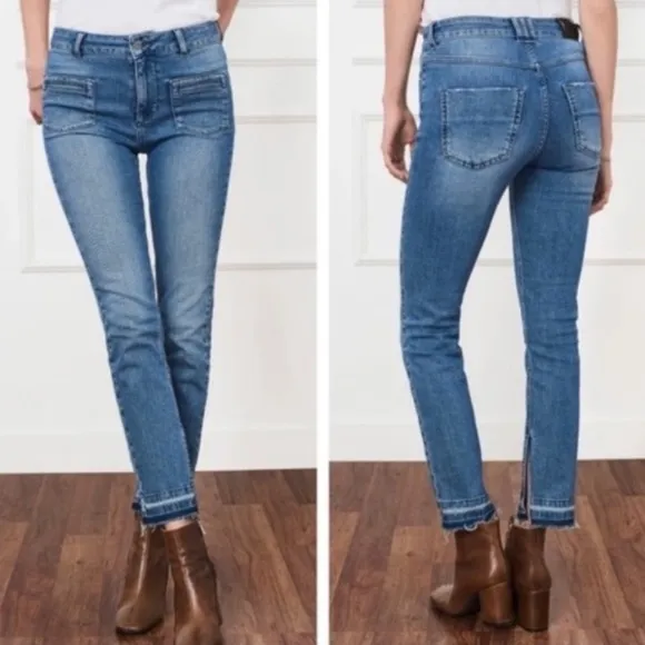 Anine Bing front patch welt pocket split raw released hem cropped jeans size 25
