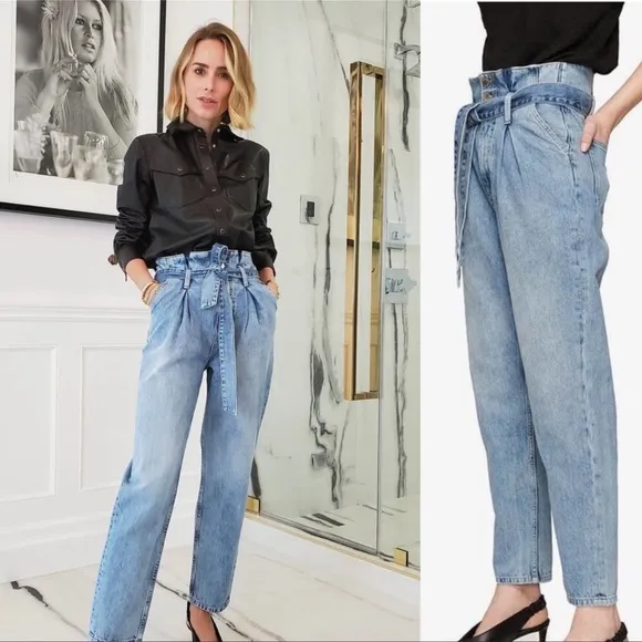Anine Bing Everly Paper Bag High Waist Jeans in Pond size 24