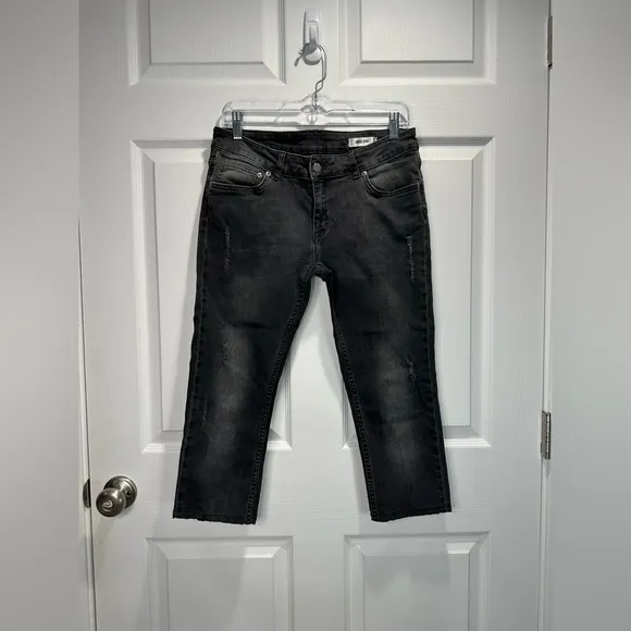 Anine Bing Mid Rise Distressed Straight Leg Cropped Jeans Black Wash 28