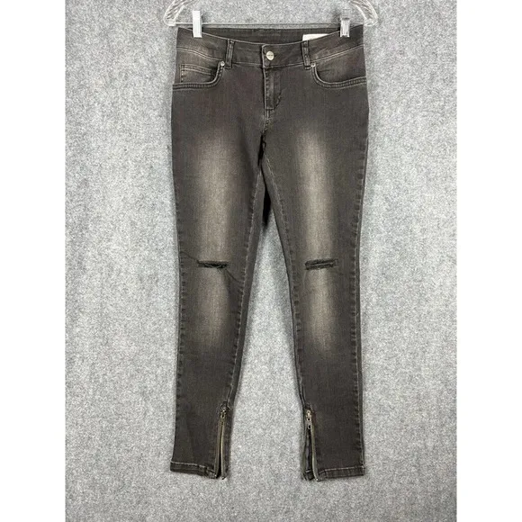 Anine Bing Jeans Women size 25 Mid Rise Black Distressed Ankle Zip Skinny Leg