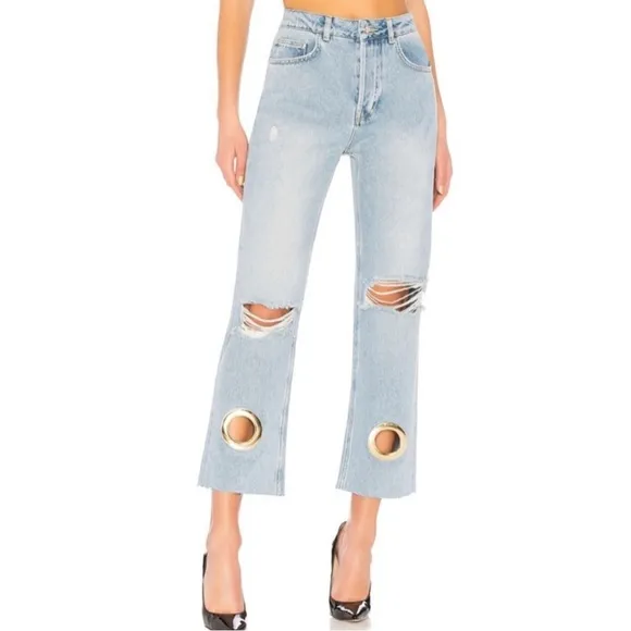Anine Bing Giovanna Button Fly Distressed Raw Hem Cropped Light Wash Jeans 27