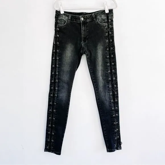 Anine Bing Lace Up Side Detail Distressed Black Denim Skinny Jeans Sz 29