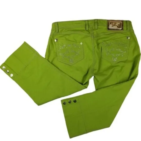 Apple Bottom Capri Jeans Green Womens Juniors Sz 13/14 Stretch  Logo W37 L20.5